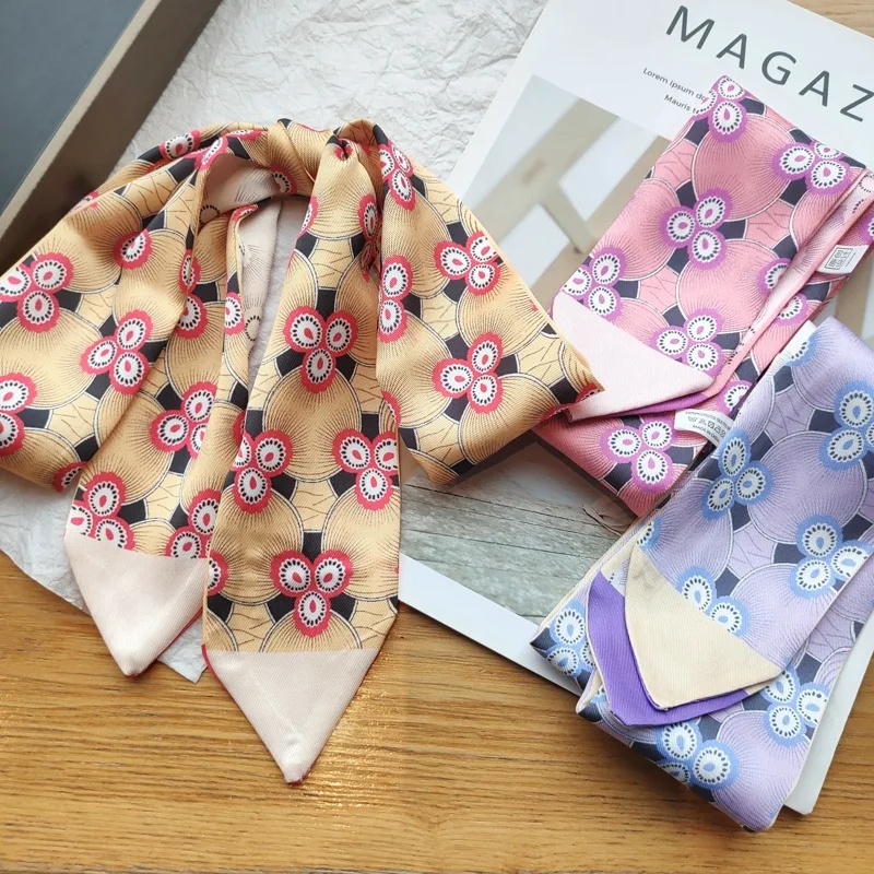 

120cm * 5cm New Scarf Color Matching Flower Tied Bag Thin Narrow Strip HairBand Scarf Handle Small Ribbon Women skinny scarf