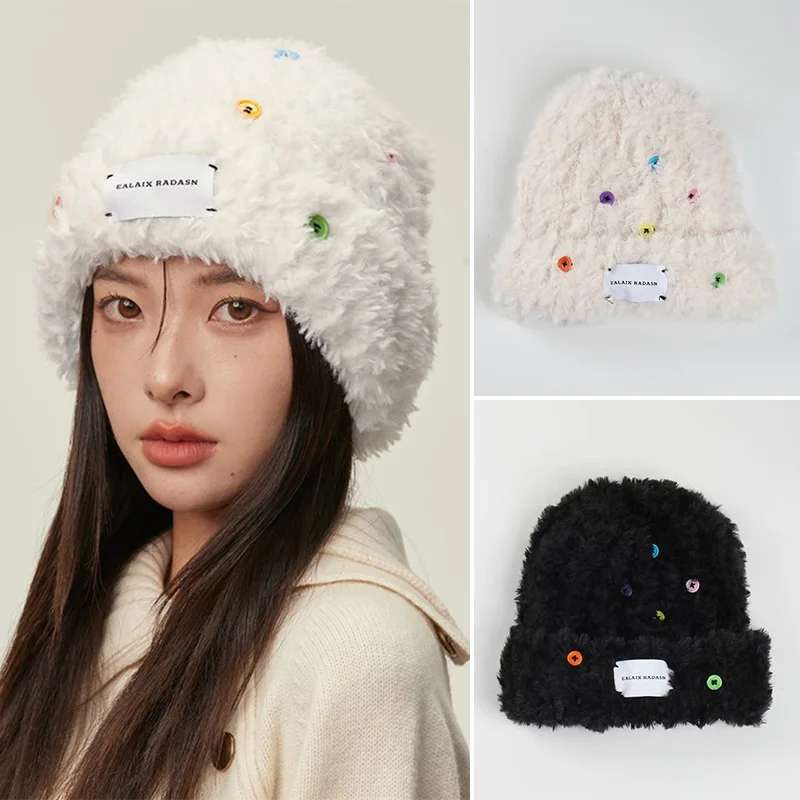 

2022 New Button Embellished Warm Plush Hat Winter Thickened Soft Bucket Hat Women Wool Solid White Black Female Fisherman Caps