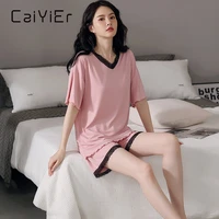 caiyier summer solid color women cotton nightgown v neck lace leisure pajamas set female lingere home clothes plus size m 3xl