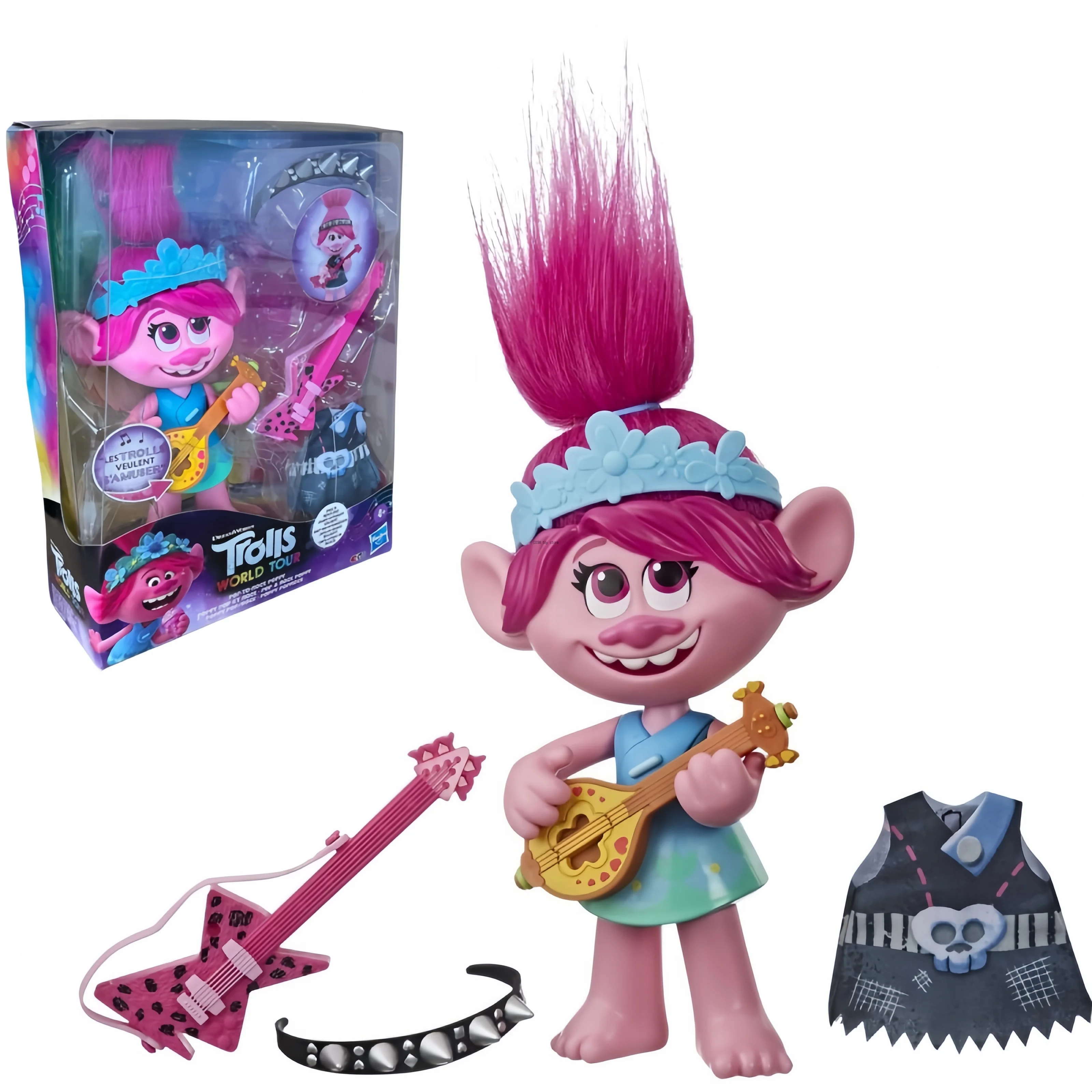 Фото Кукла Поппи из мультфильма DreamWorks Trolls World Tour Pop-to-Rock с гитарой, аксессуарами, двумя вариантами нарядов, для ролевых игр, коллекционная, праздничный подарок №1