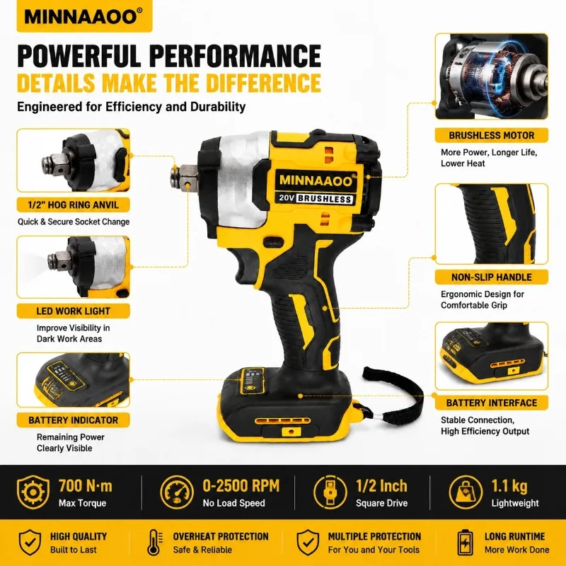 Фото Аккумулятор для бесщеточного ударного гайковерта Dewalt 20V MAX, беспроводного электрического инструмента с высоким крутящим моментом, мощный аккумулятор, совместимый для авторемонта. №3