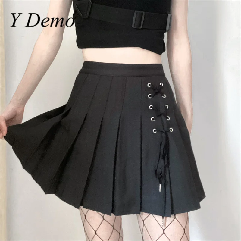 

y demo Air eye knot bow deep wine red pleated skirt lace up high waist pleated short skirt dark girl college style thin