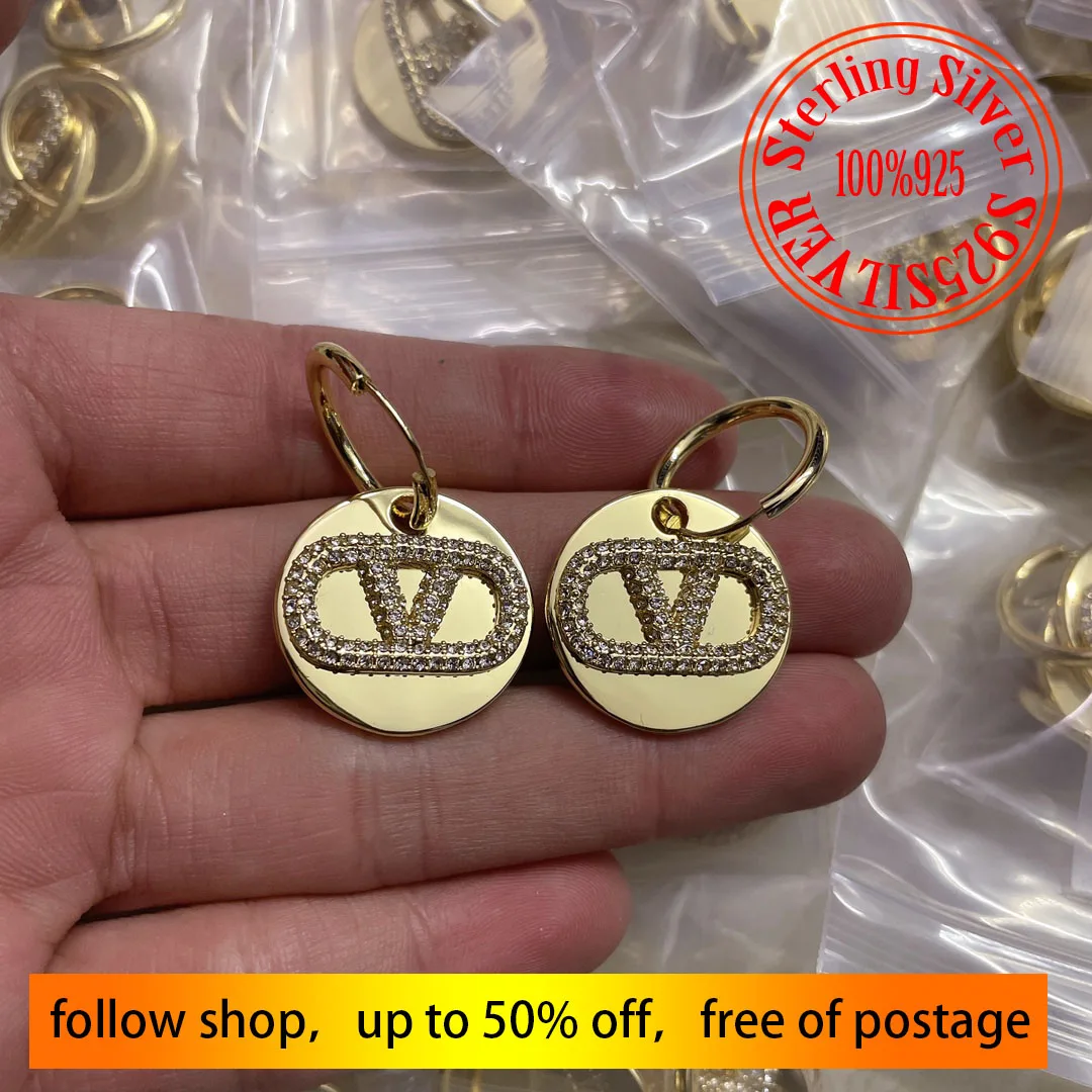 

S925 Sterling Silver Round Gold Alphabet Tag Earrings, Classic Fashion, High Quality Jewelry, Birthday Gift