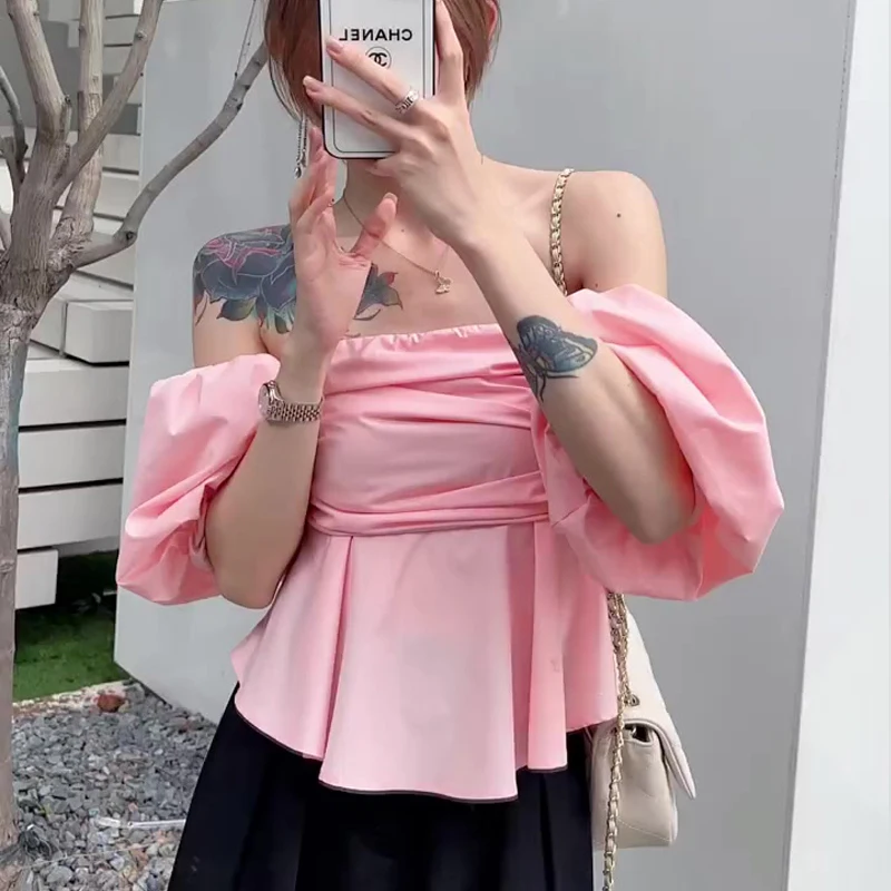 

SuperAen Puff Sleeve Pink Slash Neck Women's Summer New Solid Waist Slim Top Shirts