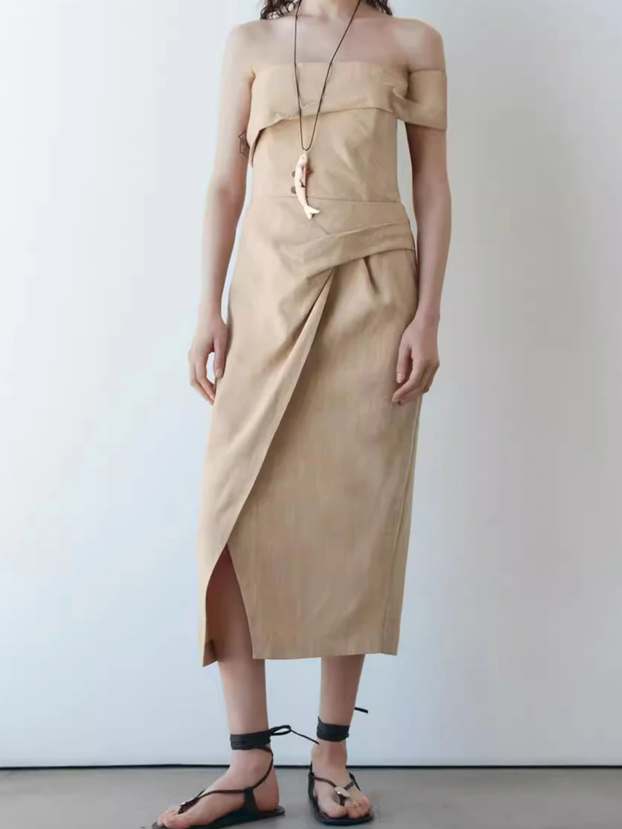 

Knotted Design Summer Long Dress For Women 2023 Off Shoulder Asymmetrical Fashion Split Vestidos Retro Strapless Female Dresses
