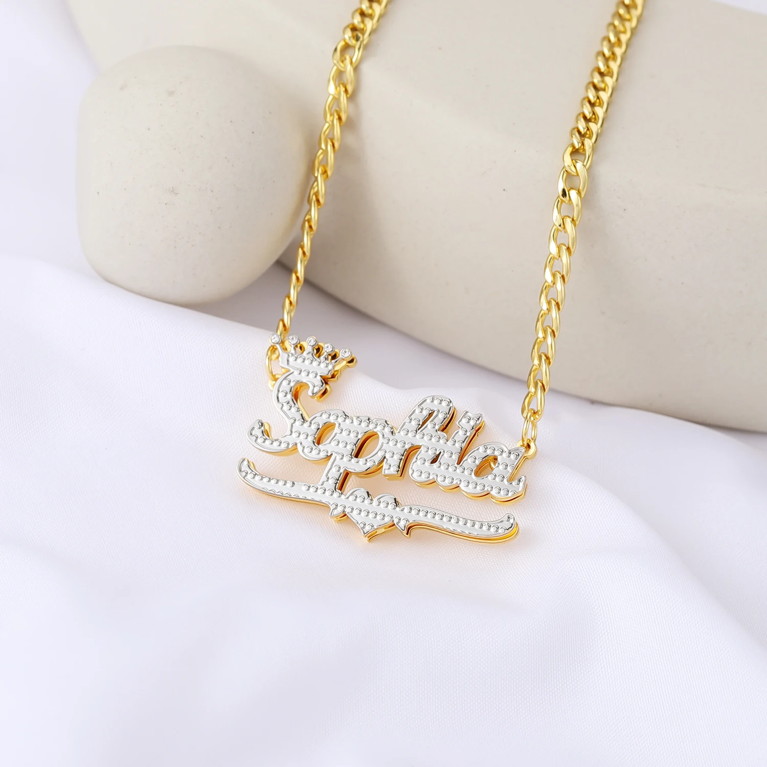 Crown Custom Letter Name Necklace Personalized Two Tone Double Layer Name Necklaces Gold Plated Stainless Steel Pendant  Wome
