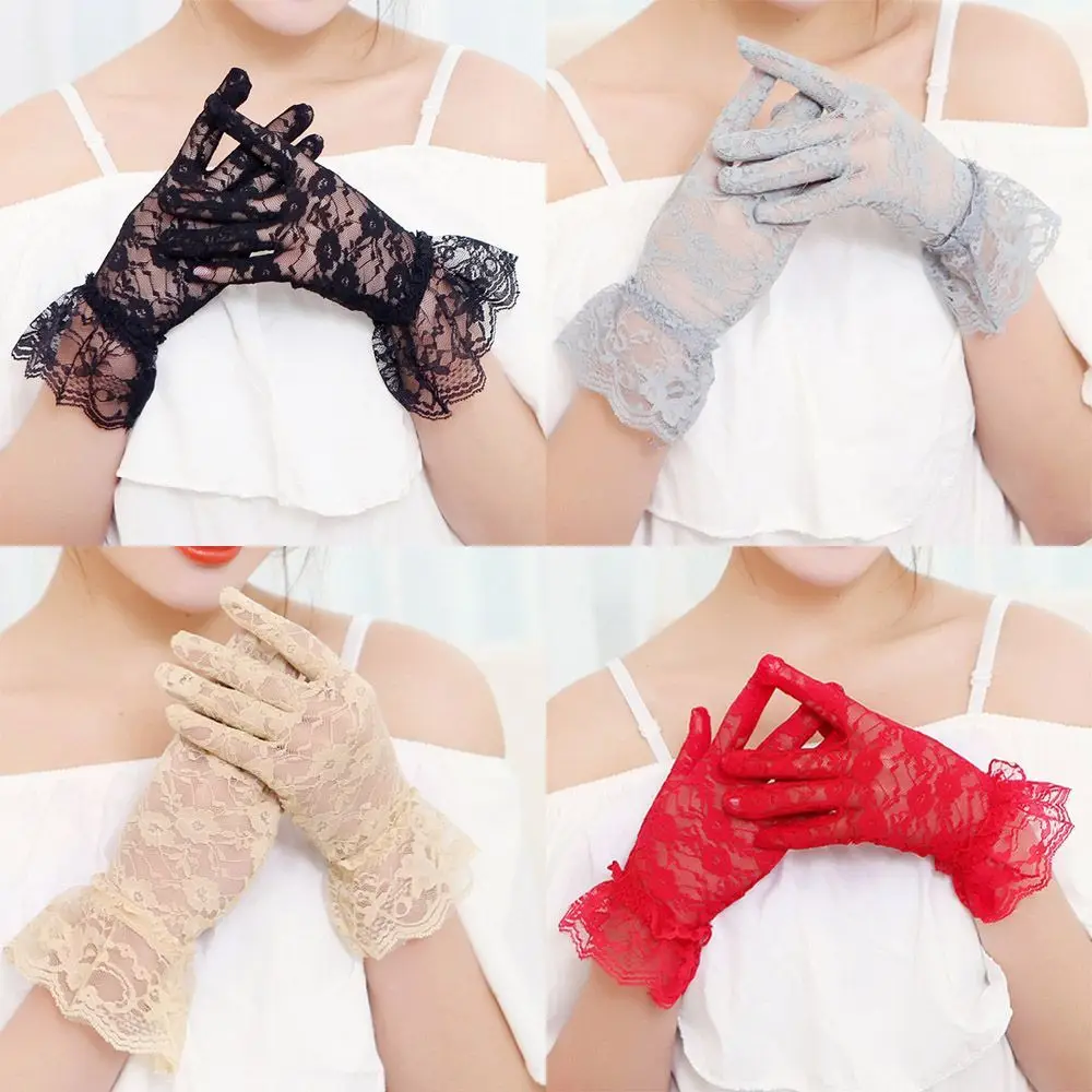 

Fashion UV Protection Mittens Summer Wedding White Bride Gloves Lace Gloves Party Dressy Gloves Rose Flower Pattern