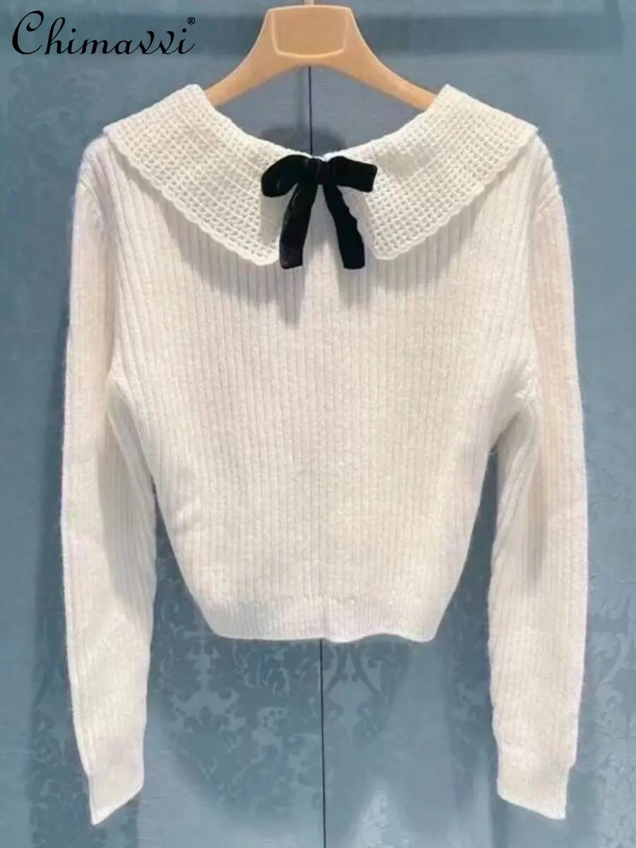 

Autumn and Winter New Long Sleeve Sweater Women's French Sweet Elegant Doll Collar Deep V-neck Backless Pullover White Knitted
