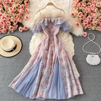 summer elegant chiffon floral strap dress womens mesh stitching strapless mixi dress holiday ladies vestidos female robe