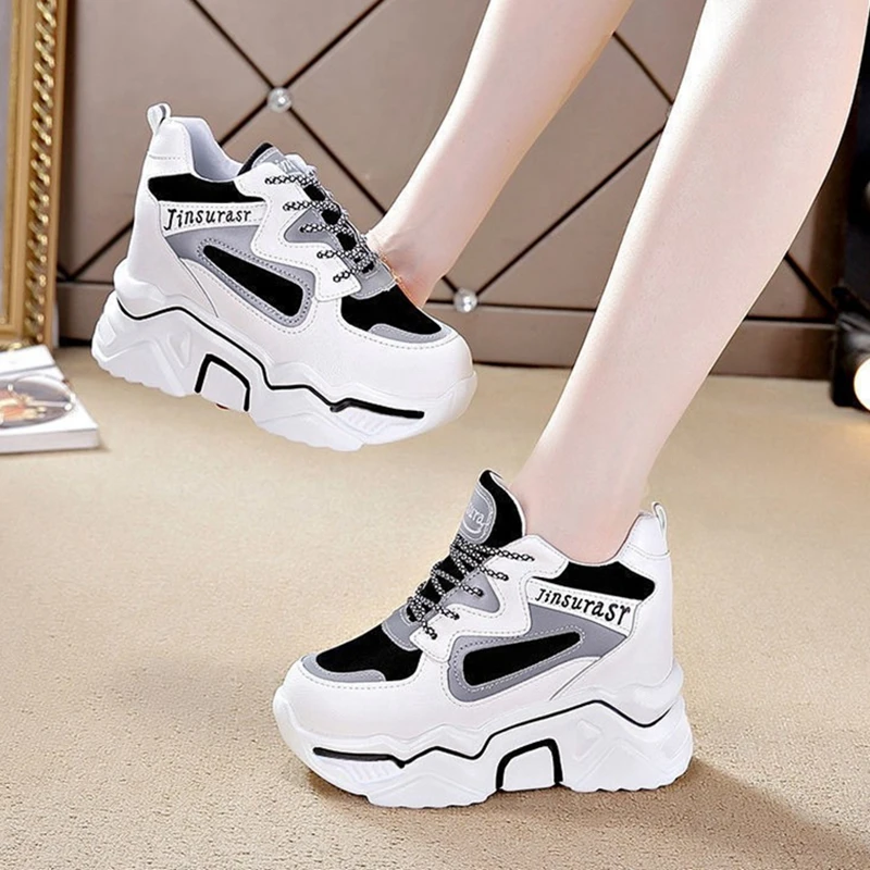 

New Ins White High Heel Sneakers Women's Chunky Shoes Wedge Sneakers Girls Pink Platform Tenis Trainers Woman Thick Soled Shoes