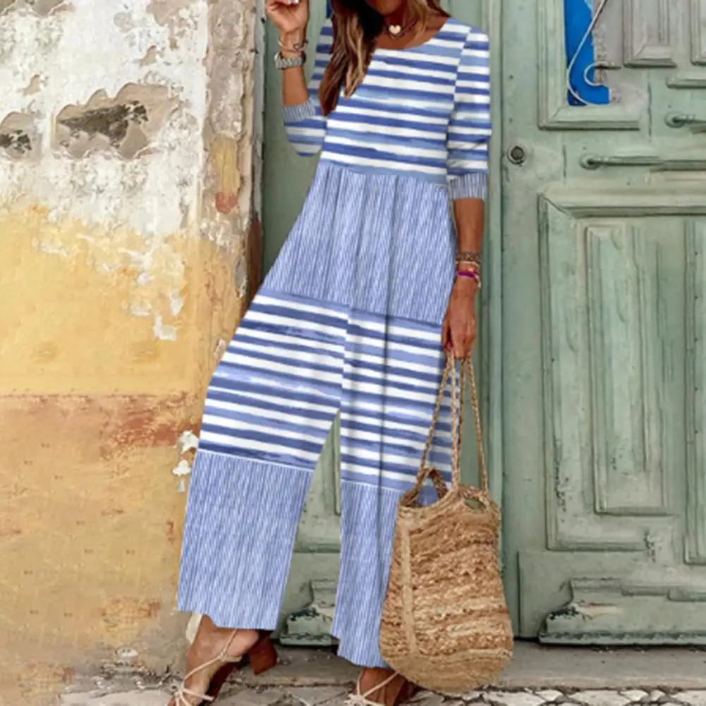 

Lady Soft Jumpsuit Striped Color Matching Wide Leg Jumpsuit A Stylish Comfortable Women's Fall/spring Attire with Loose Fit Soft