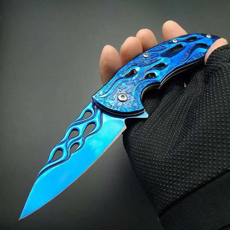 Огненное пламя синее титановое художественное произведение лезвие складной нож