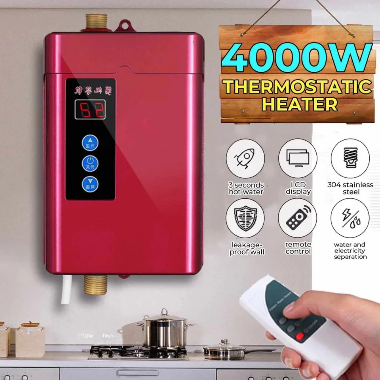 3000W Electric Tankless Instant Hot Water Heater Under Sink On Demand Water Heater with Remote Control for Home Kitchen Bathroom
