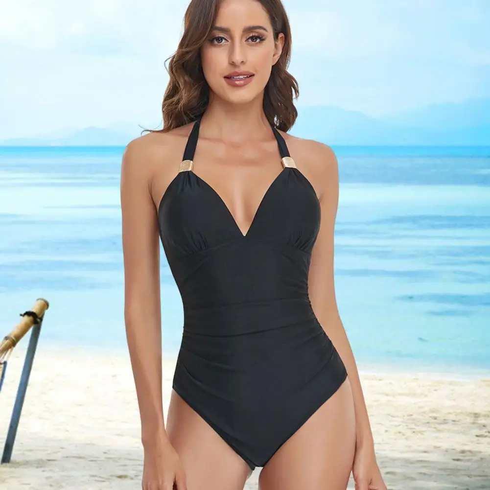 

Women Swimwear High Waist Sleeveless Padded Non-Fading Decorative Women One-piece Swimming Suit Sexy Swimwear for Women