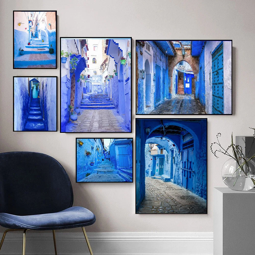 

Декор Марокко, постеры для фотосъемки и принты в стиле старого города, голубая архитектура, печать на холсте, живопись, домашний декор