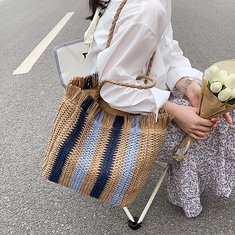 

Соломенная пляжная сумка в полоску для женщин, вместительная плетеная Сумочка на плечо, повседневный тоут для отпуска из рафии, ручной работы