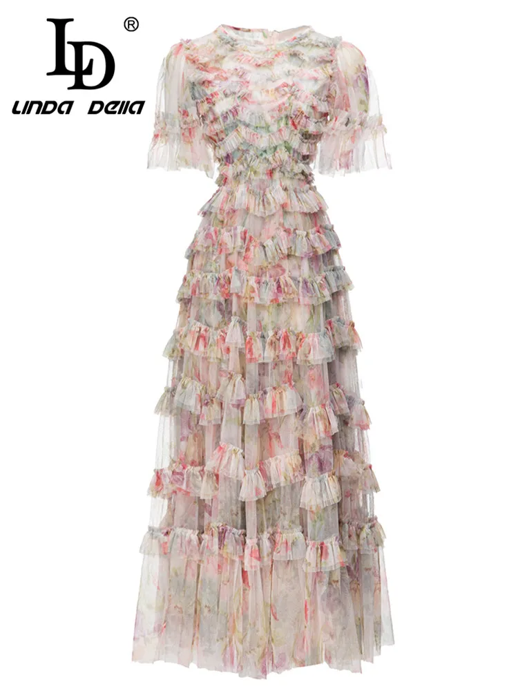 

LD LINDA DELLA 2023 Summer Runway Vintage Elegant Party Dress Women's Round Neck Cascading Ruffle Print Netting Splice Dress