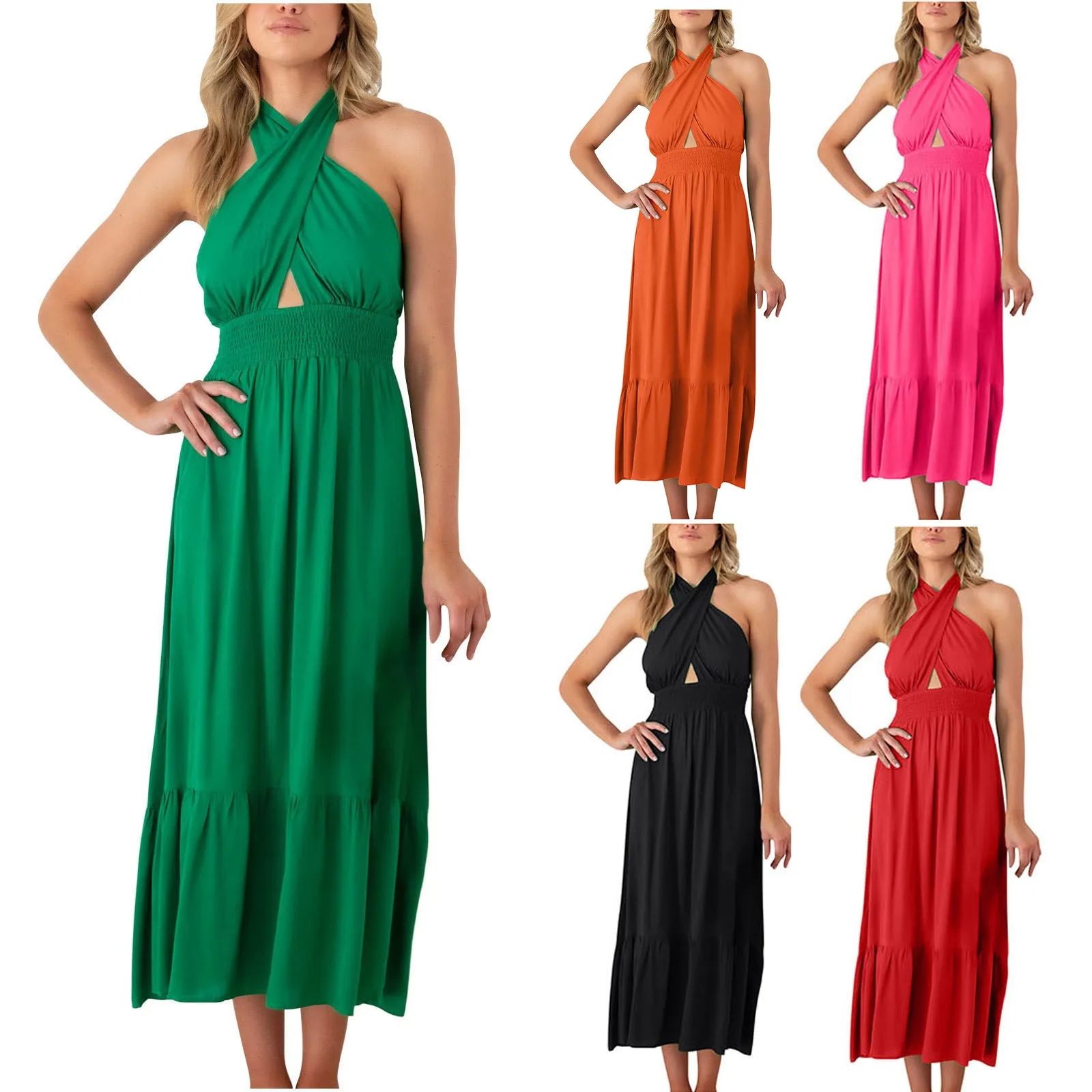 

Свободные однотонные платья без рукавов, платье с перекрестной лямкой на шее, соблазнительное женское летнее платье-макси трапеция с вырез...