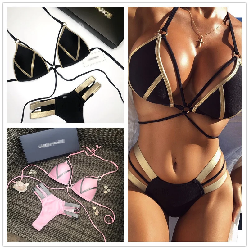 

Black Bandage Swimsuit Sexy Brazilian Bikini Push Up Swimwear Women Micro Bikinis Plus Size Beachwear Shiny Gold Beachwear