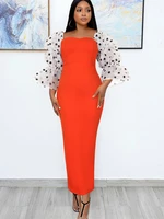 women orange long bodycon dress square collar patchwork sleeve see through polka dot slim party celebrate occasion female robes