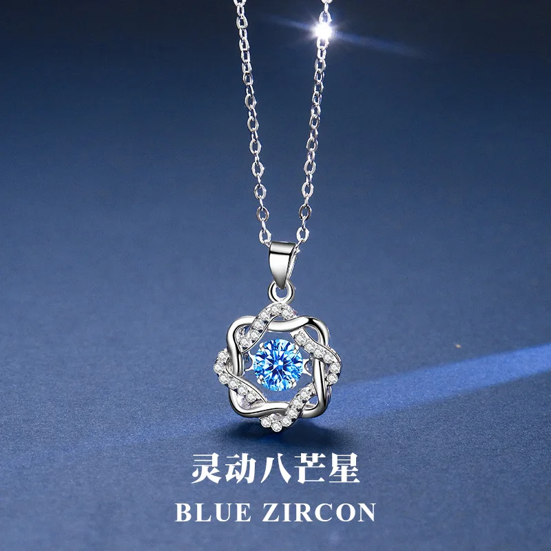 

Sea blue octagon S925 silver necklace woman fashion diamond beating heart design sense high quality pendant necklace