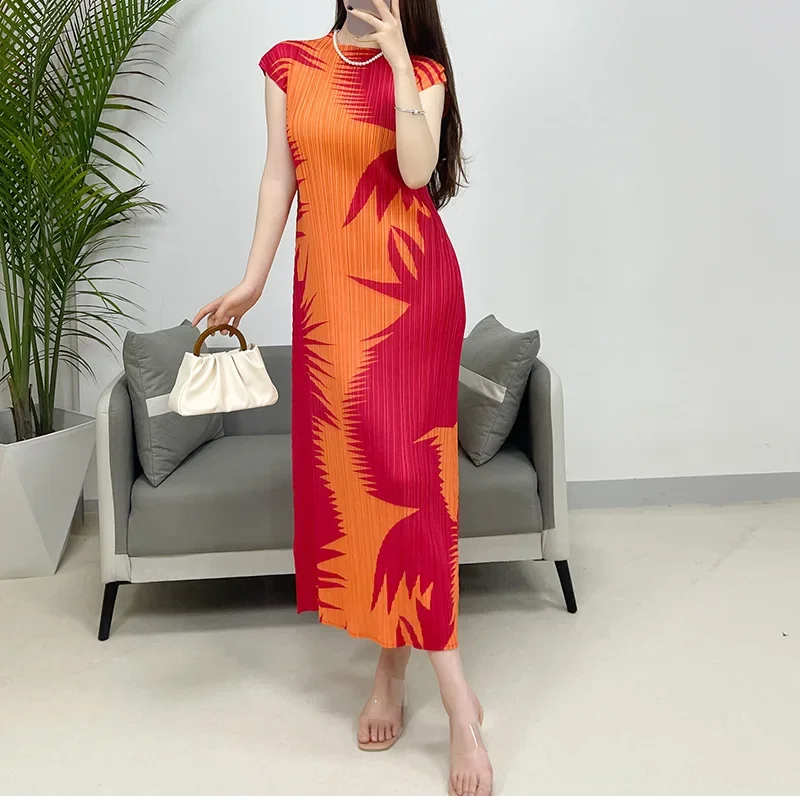 Женское плиссированное платье миаке с высоким воротником летающим рукавом и