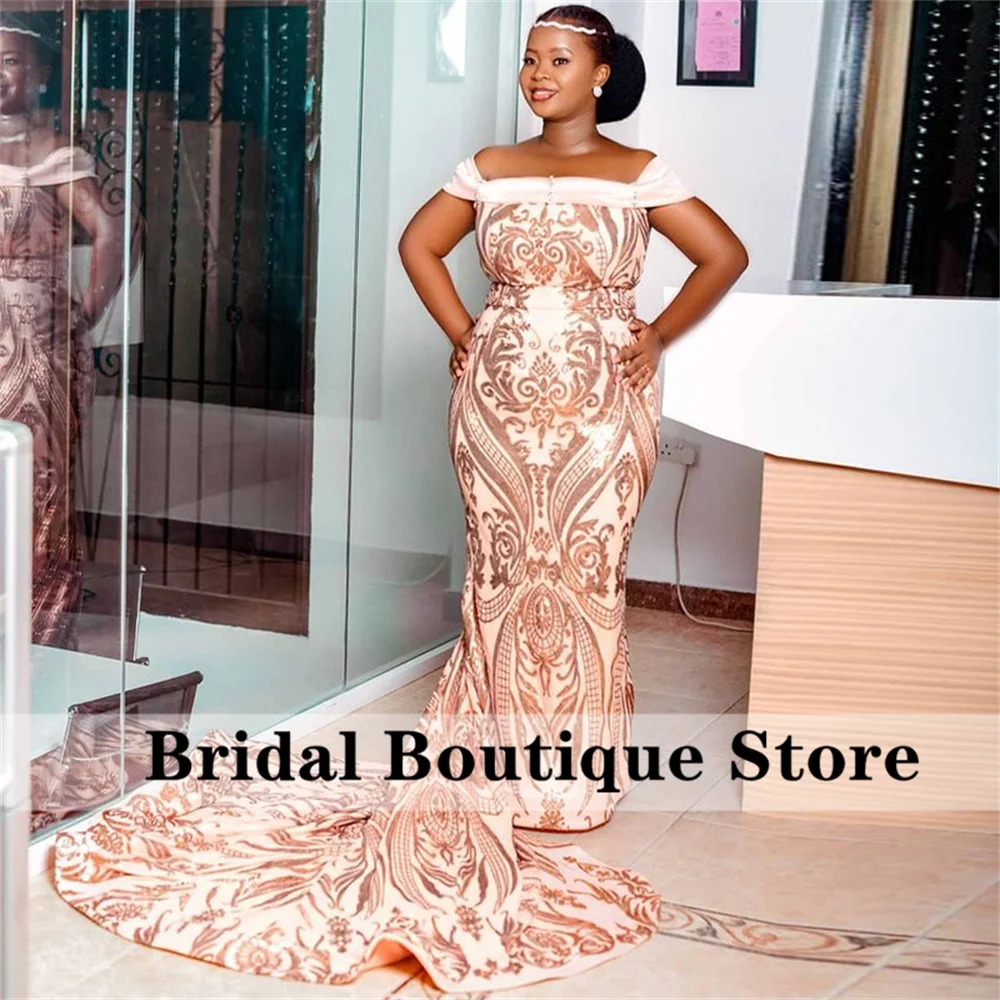

Розовое Золото Блестки африканские вечерние платья русалки 2022 с открытыми плечами Свадебные платья Элегантное платье знаменитости Вечерн...