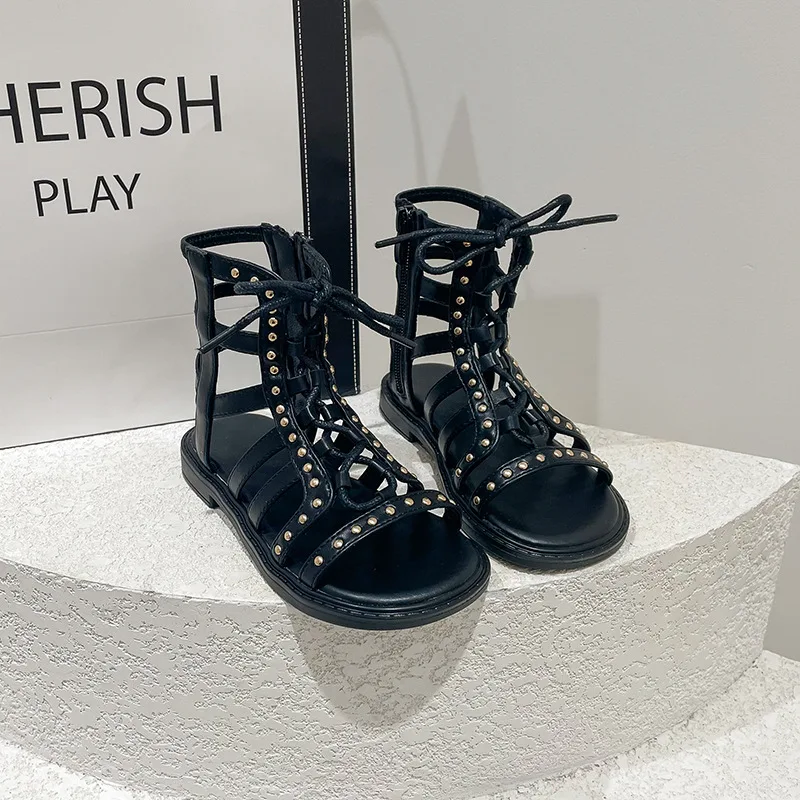 

Сандалии в римском стиле, модные летние туфли с заклепками, мягкая нескользящая подошва, высокие, повседневная обувь для принцесс, корейский стиль