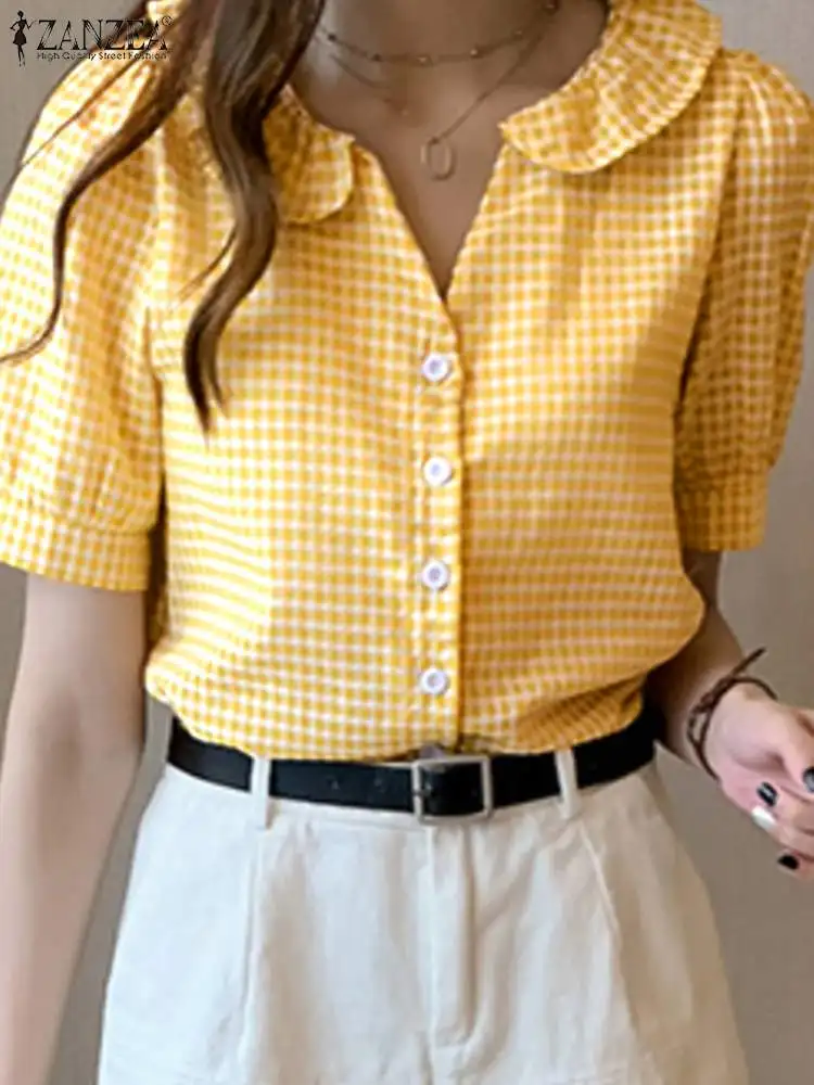 

Women Puff Sleeve Blouses ZANZEA 2023 Elegant Summer Check Tops Casual Plaid Shirts Female Button Down Tunic Oversized Tops