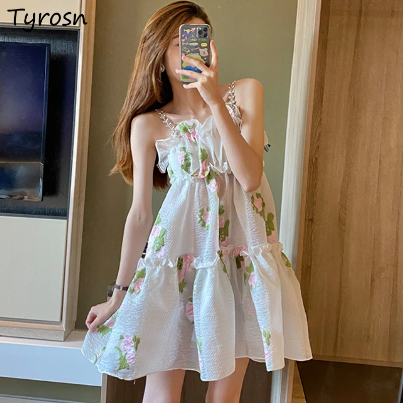 

Mini Dresses Women Baggy Sweet Sexy Folds Casual A-line Daily Korean Style Floral Ladies Summer Retro Elegant Sleeveless Vestido