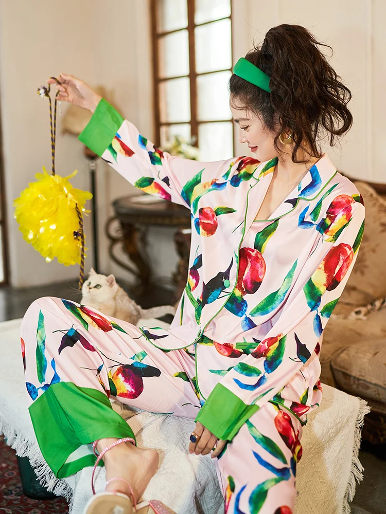 Luxury Floral Print Women Pajamas 2 Pcs With Pants Oversize Ladies Satin Pyjama Summer Spring Silk Pijama Suit For Female