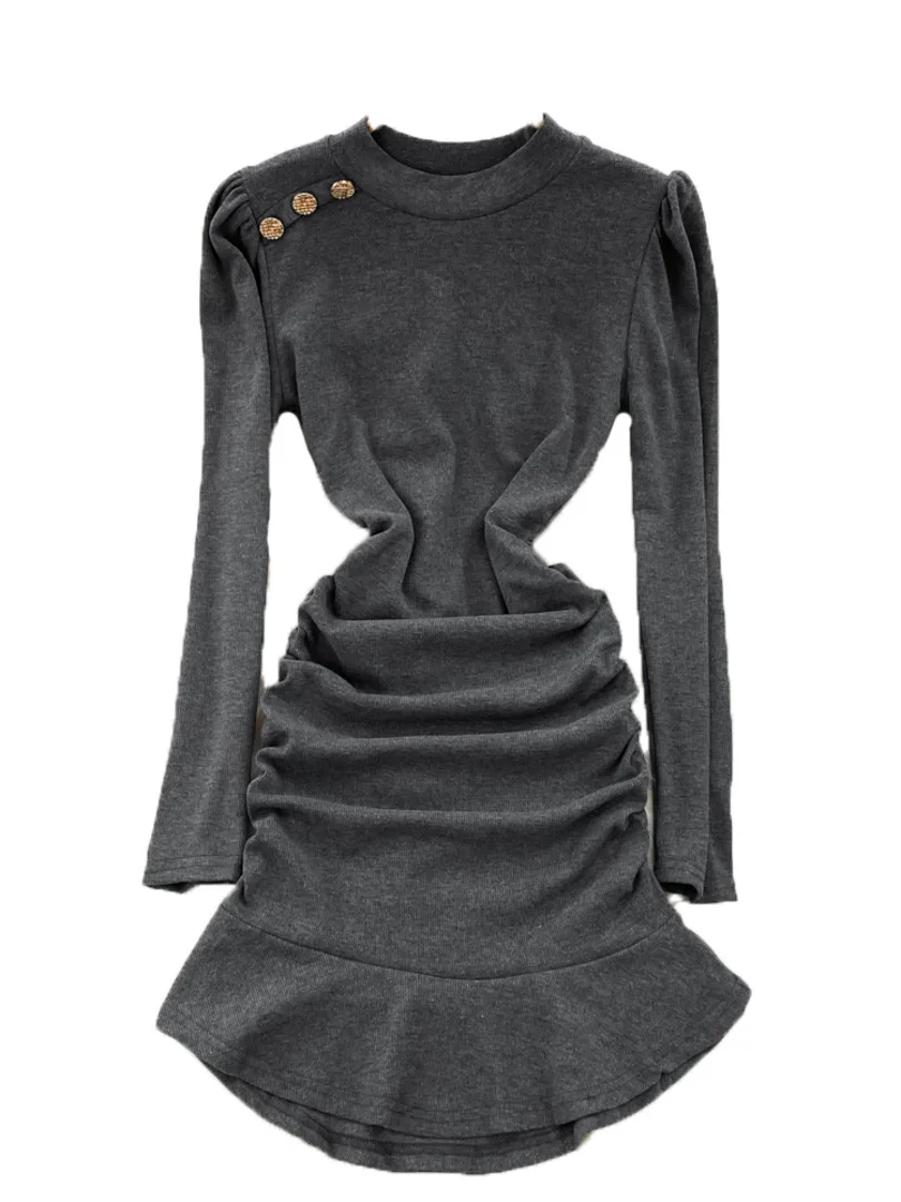 

Foamlina Casual Women Autumn Dress Solid O-neck Long Sleeve Slim Fit Ruched Ruffles Mini Bodycon Party Dress Fashion Streetwear