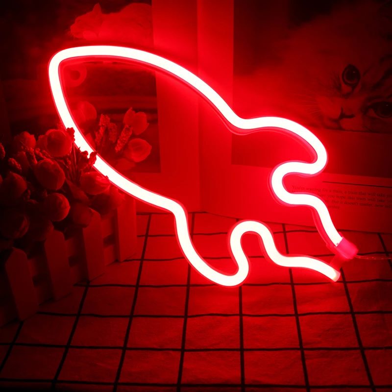 

ineonlife Neon Wall Signs LED Red Rocket Shaped Neon Lights For Kids Bedroom Party Xmas Gift USB Or Battery Powered Night Lamp