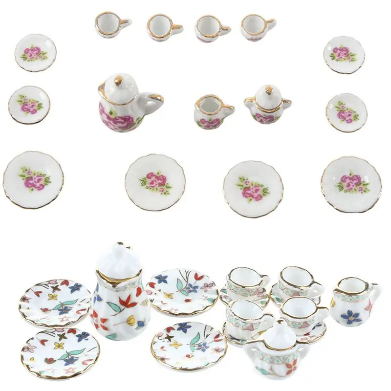 

2 Set Miniature Dollhouse Dinnerware Porcelain Tea Set - Colorful Floral Print & Chinese Rose