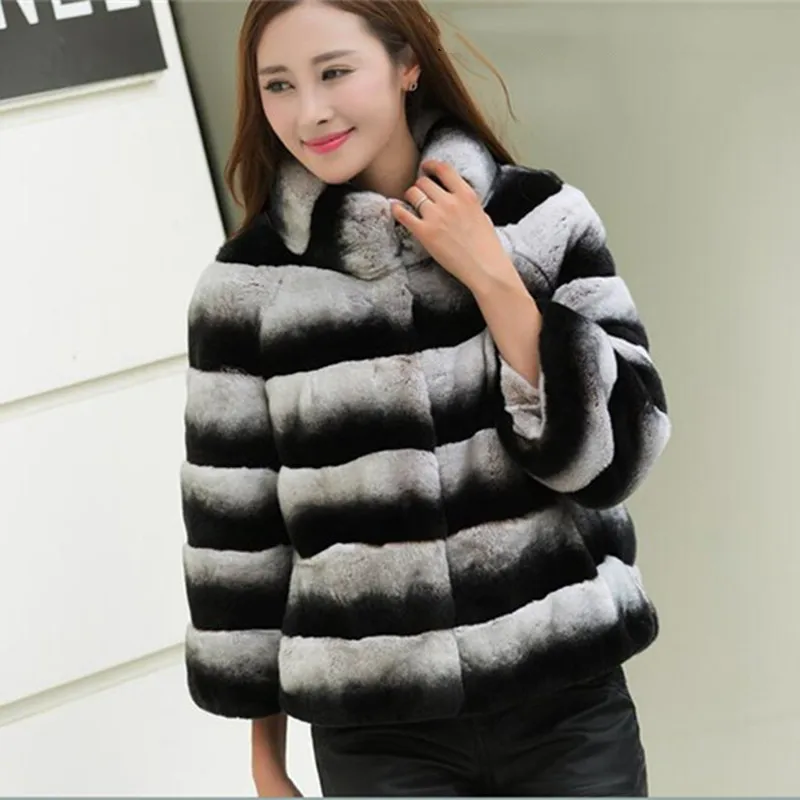 Women's Real Rex Rabbit Fur Coat Stand Collar Natural Fur Winter Jacket Long Style Chinchill Genuine Fur Coats