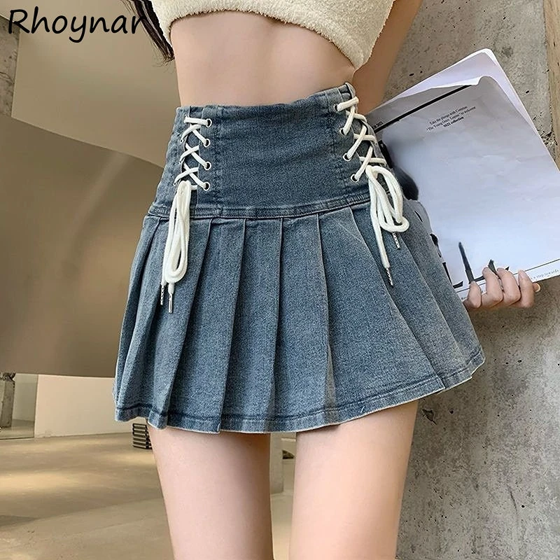 

Denim Mini Skirts Women Pleated Hotsweet Slim S-4XL Personal Teens Designer American Streetwear High Waisted Bandage Юбка Chic
