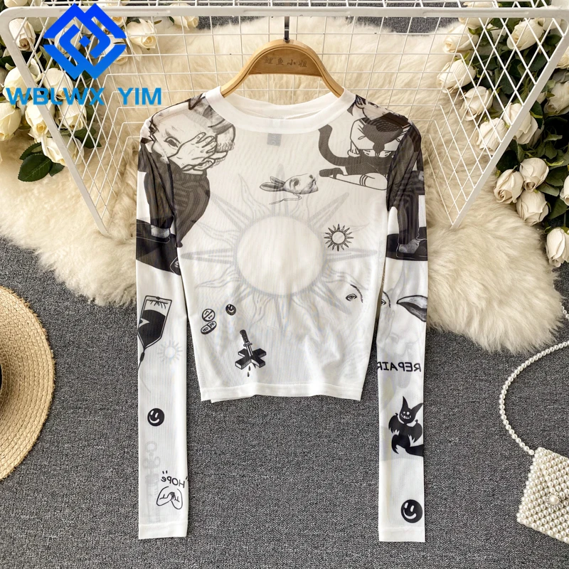 

Сетчатая женская футболка, Новинка лета 2022, модные розовые топы с принтом в виде квартона, Свободные повседневные короткие женские футболки...