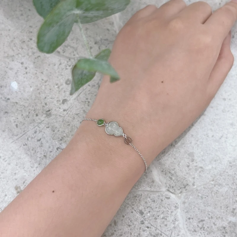 

S925 Sterling Silver Popular Natural White Green Hotan Jade Gourd Shaped Bracelet Temperament Mother's Day Valentine's Day Gift