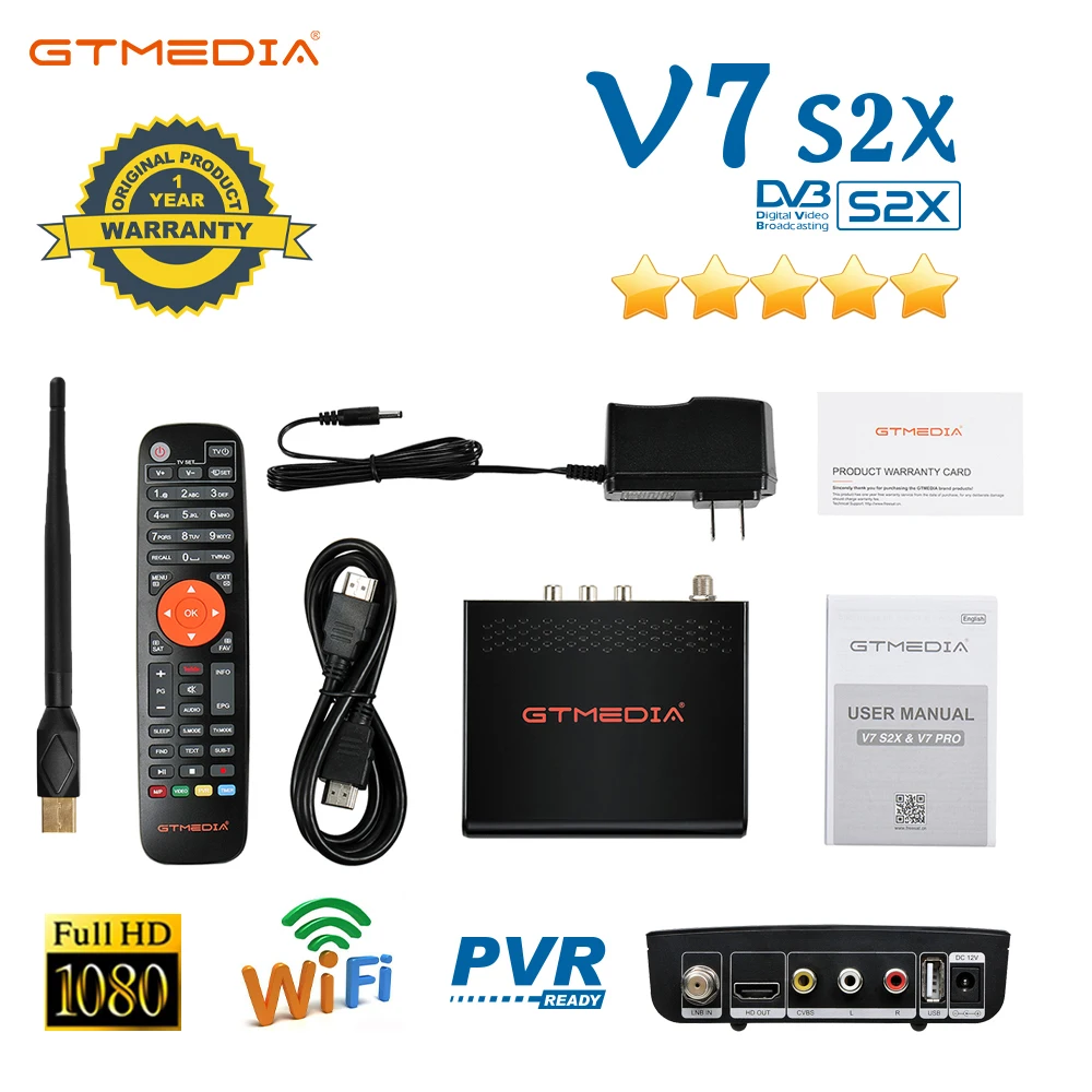

GTMEDIA V7 S2X DVB-S/S2/S2X Satellite Receiver 1080P HD AVS+,VCM/ACM/multi-stream Support USB Wifi Full speed USB 3/4G dongle