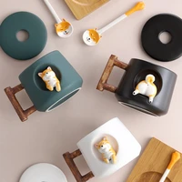 420ml creative ceramics cute shiba inu cup large capacity breakfast milk coffee mug set with spoon and lid friend gift