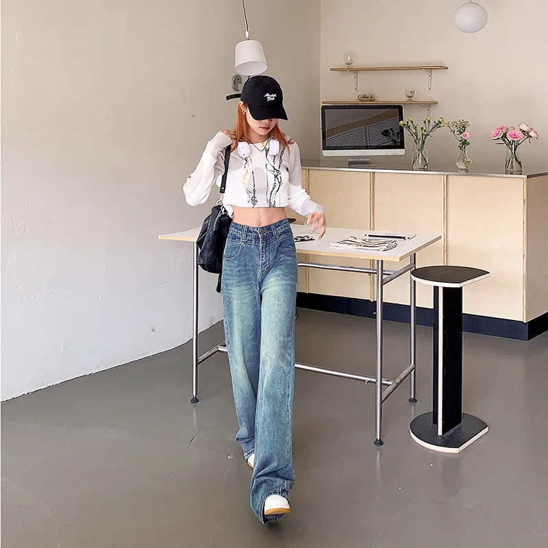 Jeans Women's 2023 New Autumn and Winter Pants High Street Retro Blue Wide Leg Loose Drop High Waist Slim Straight Leg Pants