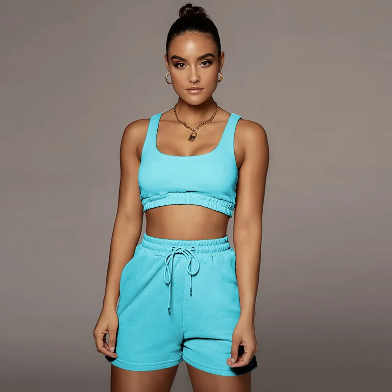 

set of two fashion pieces for women 2022 summer European and American women's solid color double-layer vest sports Female suit