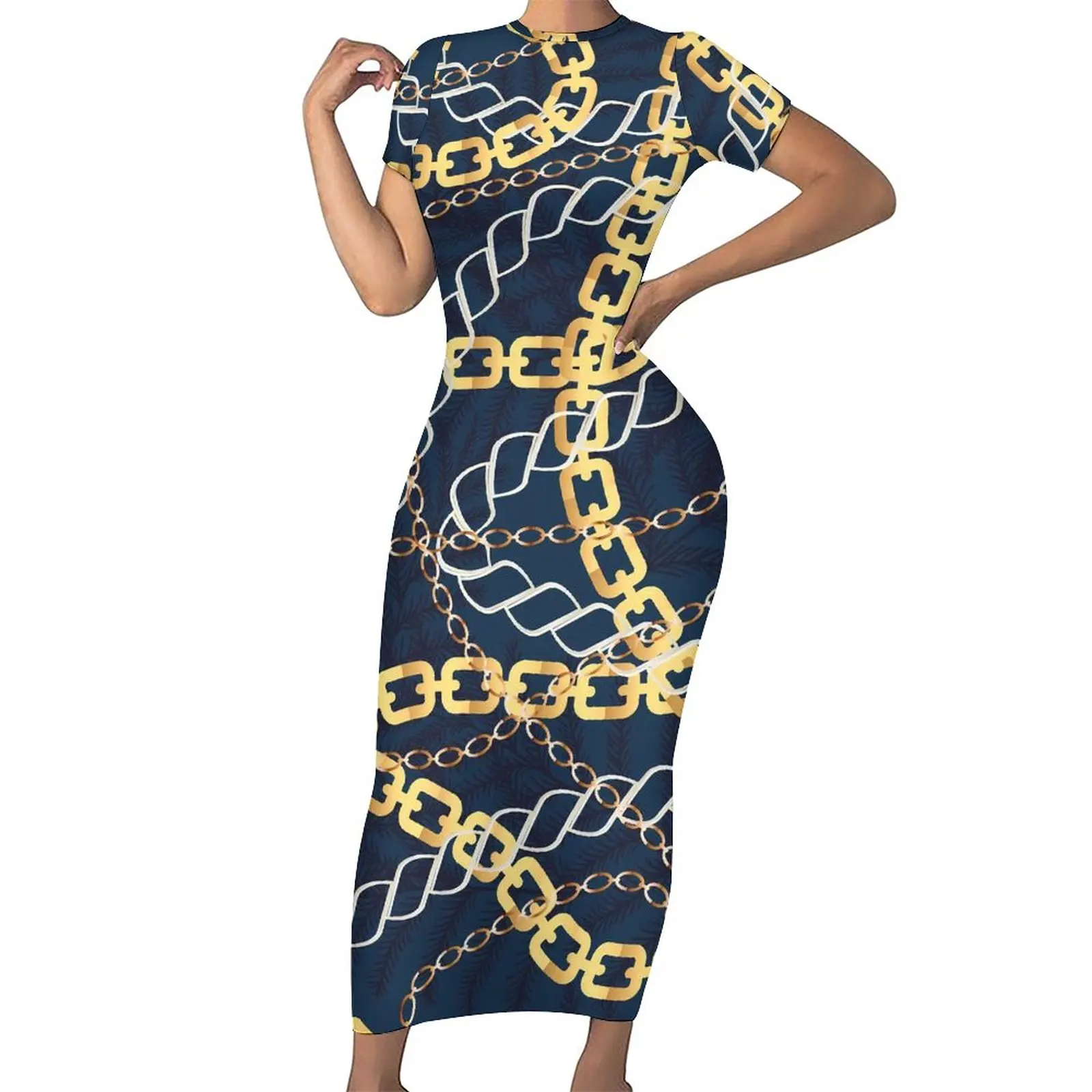 

Золотистое и серое облегающее платье с цепочкой, женские модные Макси-платья с принтом звеньев, летнее модное платье оверсайз с коротким рукавом и графическим принтом