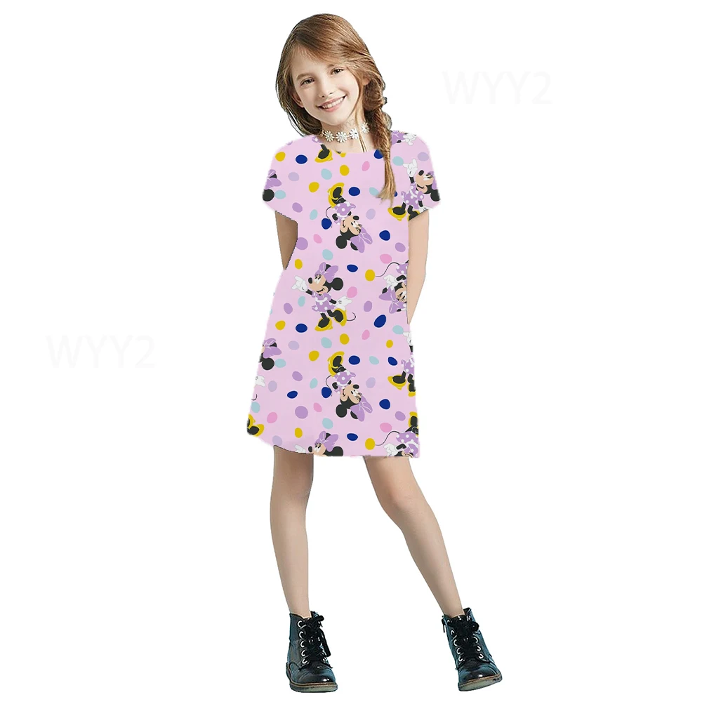 

2022 Summer New Disney Minnie Mouse Top Print Dress Cute Casual Girl Clothes Kids Short Sleeve Princess Dress