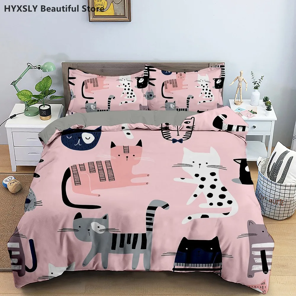 Cute Cartoon Cats 3D Bedding Set Duvet Cover Pillowcases Comforter Linen Room Decor For Children Gift Twin Queen King Size