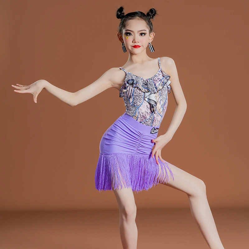 

Одежда для латиноамериканских танцев с принтом, одежда для тренировок Танго, фиолетовая юбка с бахромой для Бальных соревнований, платье для самбы, танцевальная одежда YS3524