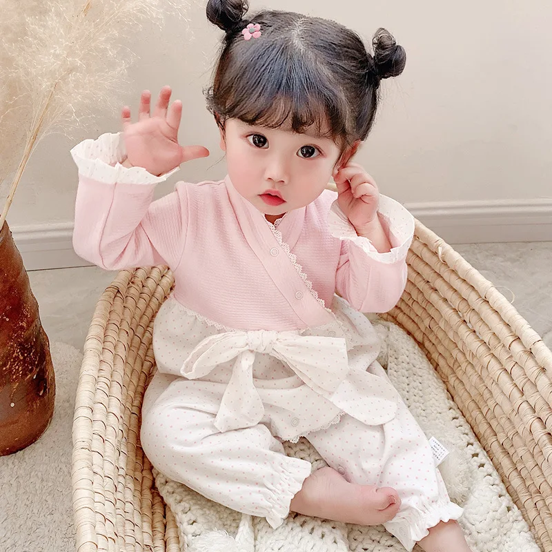 

Baby Girl‘s Bow Romper Spring 2022 Long-sleeved Cotton Romper Japanese Korean Traditional Ethnic Elements Baby Romper