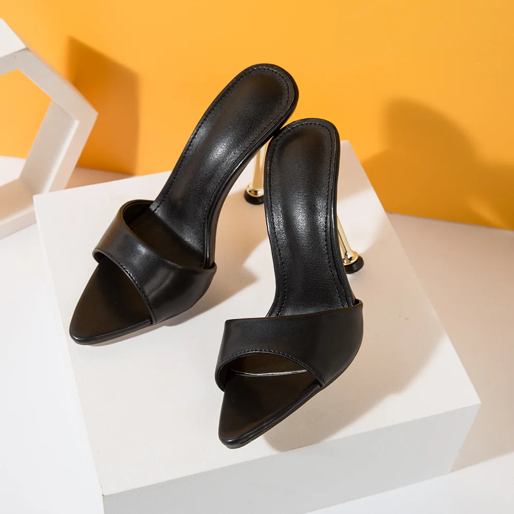 Womens Slippers 2023 New Pointed Fish Mouth High Heel Pumps Summer Outwear Fashion Leather Metal Series Thin Heel Ladies Slipper