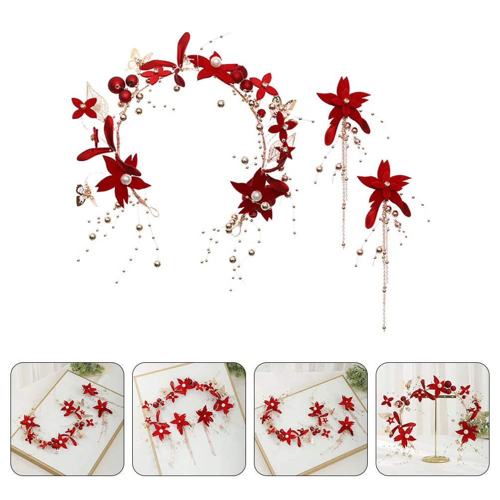 

Flower Bridal Headdress Hairband Ear Earrings Rings Wedding Decorative Delicate Headband Bridesmaid Reusable Chic Chinese Women