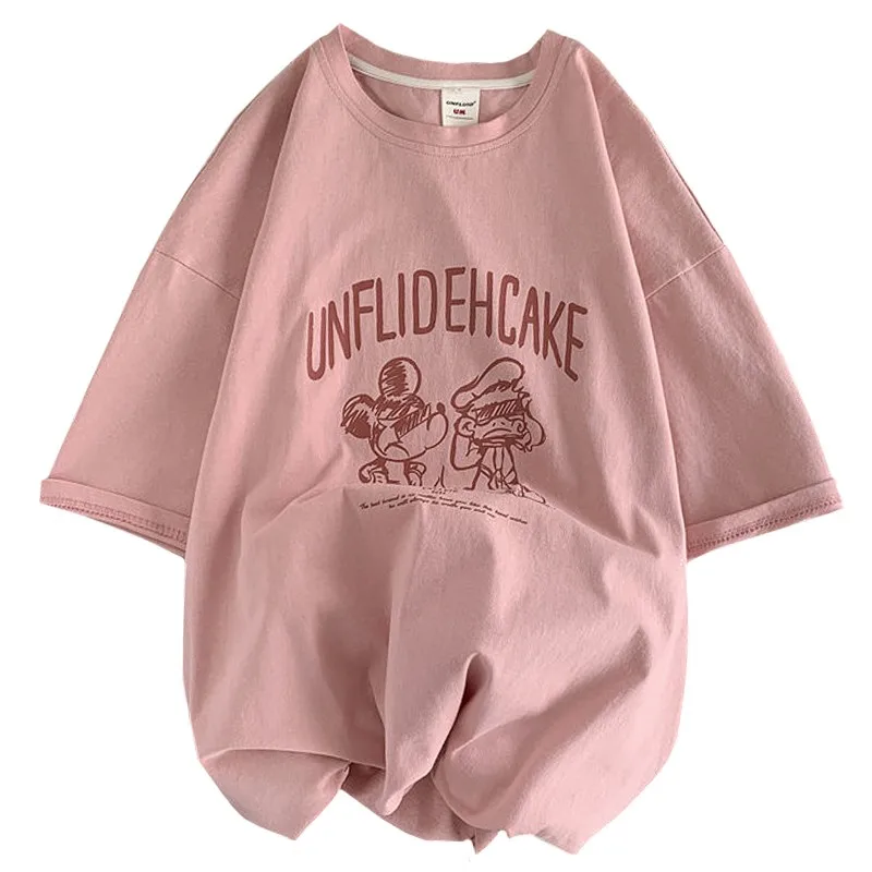 

Женская летняя модная футболка с рисунком, футболки в стиле Харадзюку С мультяшным рисунком мыши, утки, Необычные хлопковые розовые Топы большого размера для девушек